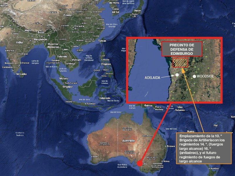 Mapa de Australia obtenido de Google Earth, con la localización del Precinto de Defensa de Edimburgo. Australia sufrió un bombardeo devastador en Darwin, al norte por parte de Japón en la Segunda Guerra Mundial. El sector sur del país es el más guarecido ante posibles incursiones expedicionarias de terceros países.